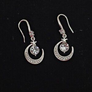 Silver Tone New Star Moon White Sapphire Dangle Earrings
